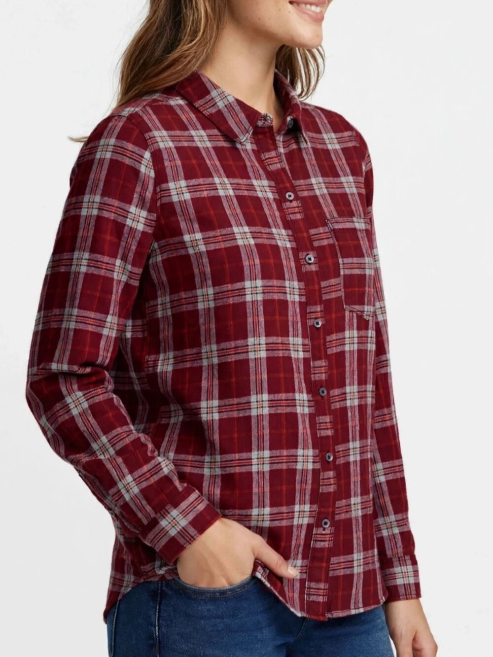 Treasure & Bond Shrunken Plaid Flannel Shirt Womens Small S Red Cotton Button